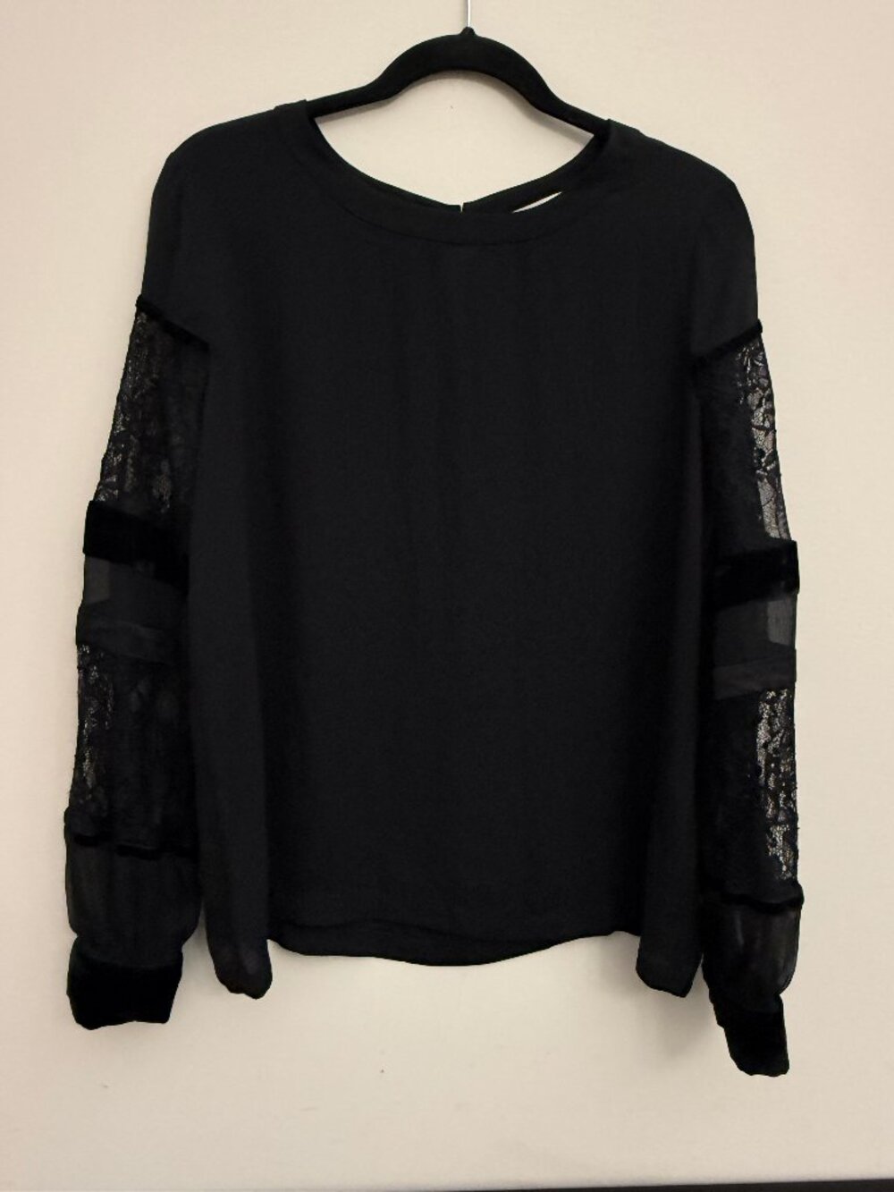 Dressy Black Shirt with Sheer and Velvet Long Sleeves - LOFT Size Medium